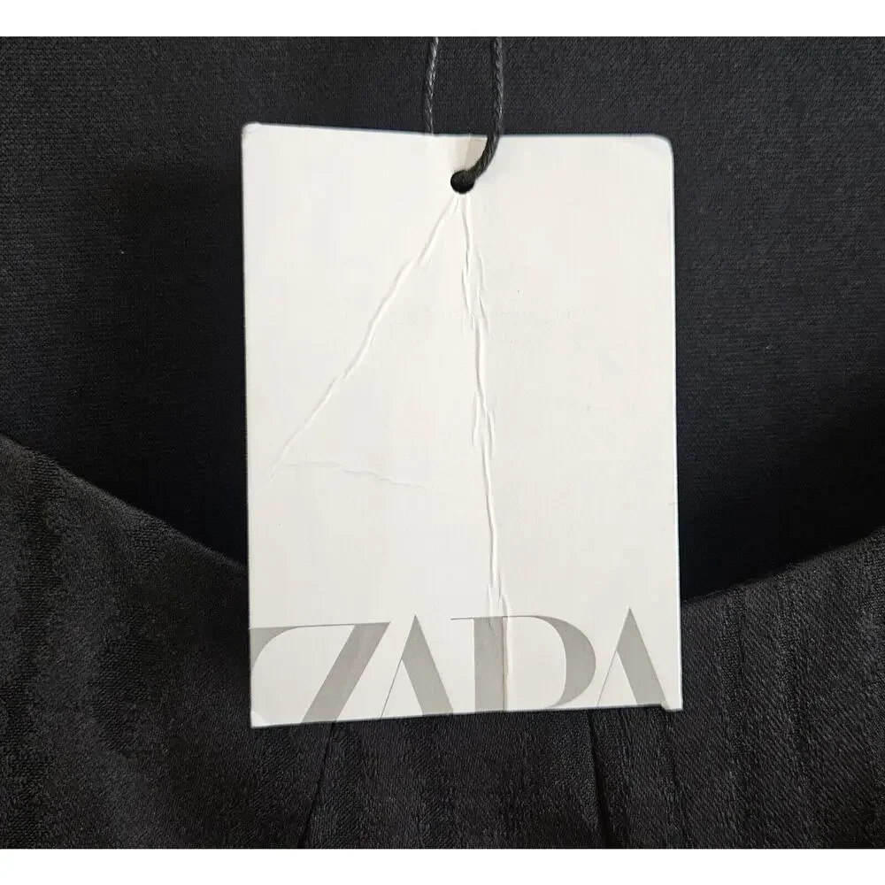 ZARA Women's L Blouse Cropped Bustier Black Satiny Long Sleeve Lined NEW NWT